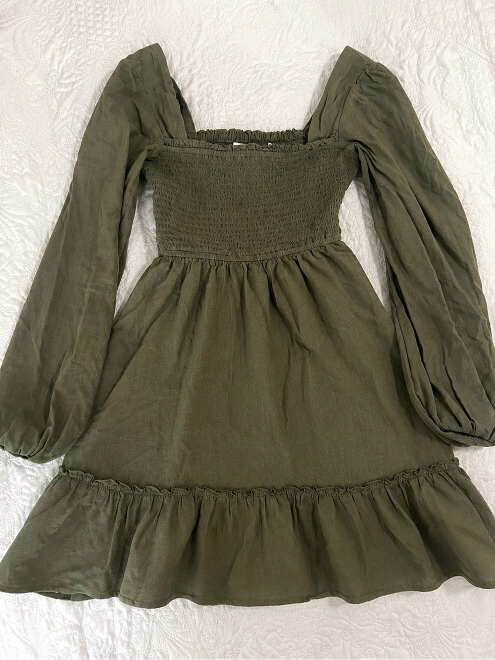 Altar’d State Olive Green Smocked Bodice Long Sleeve Mini Dress